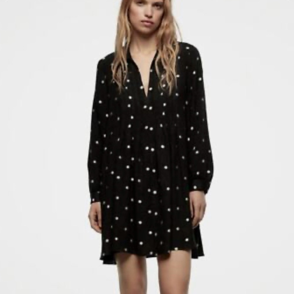 NWT Zara Black Long Sleeve Dress with White Dots